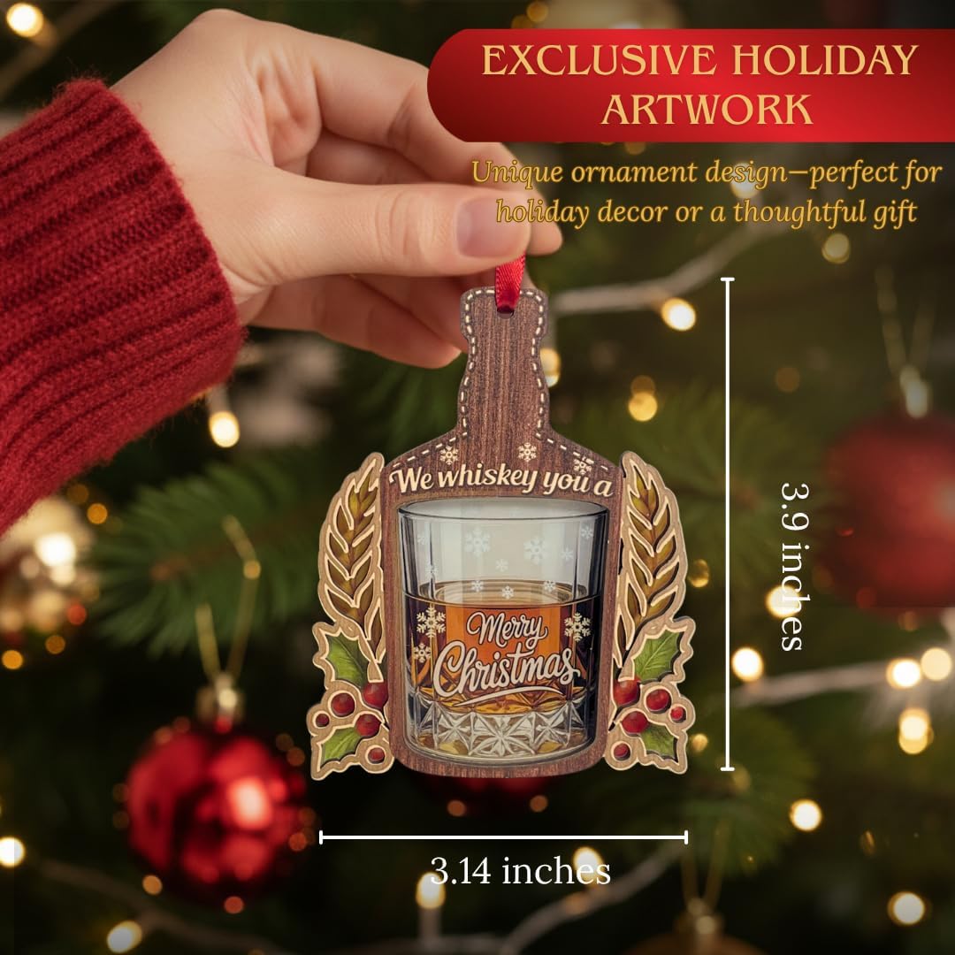 Whiskey Ornament, Shatterproof Wood and Acrylic Whiskey Ornaments for Christmas Tree, Christmas Tree Decorations, Unique Bourbon Lover Gifts for Men, Dad, Husband, Friends
