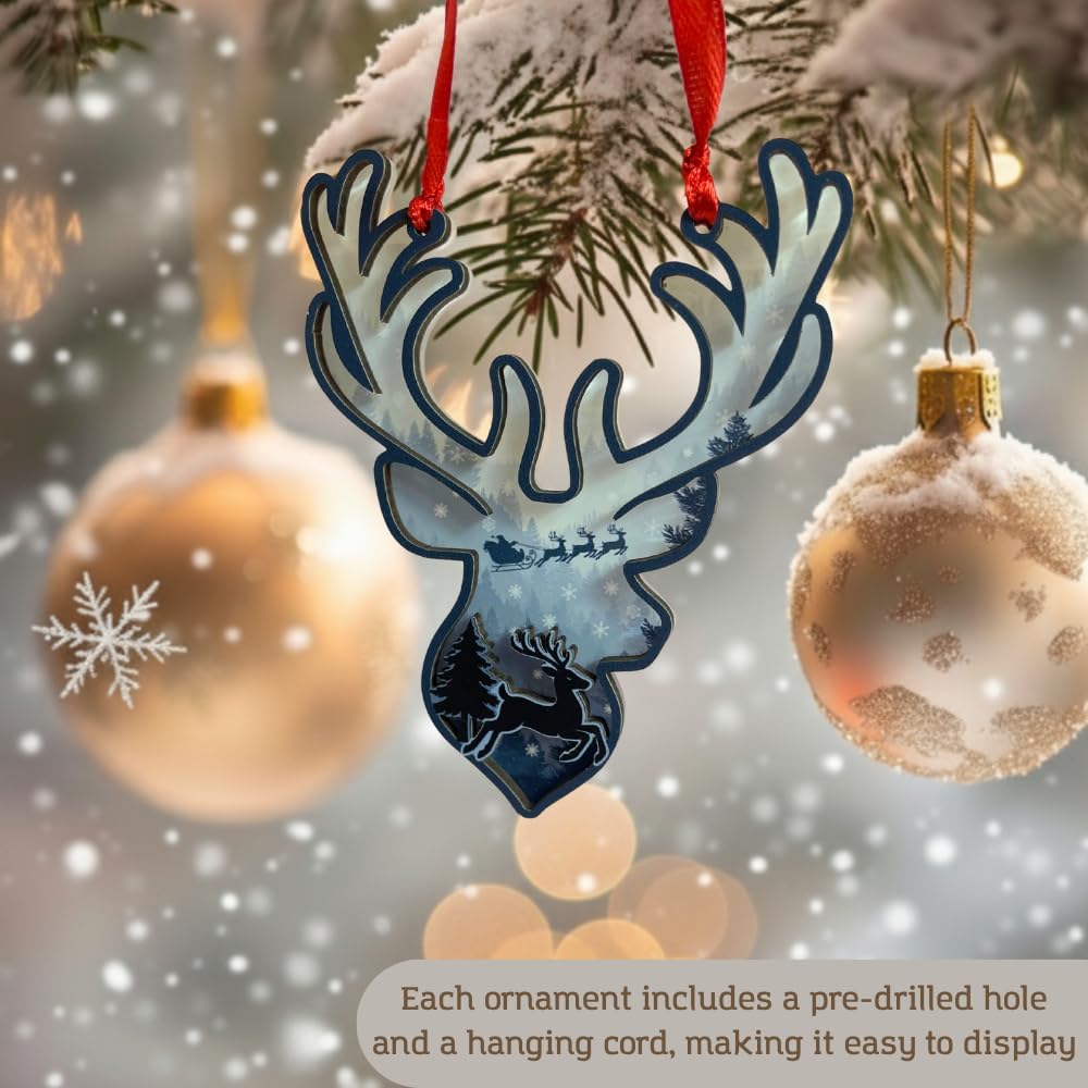 Woodland Reindeer Christmas Ornament, Double Layer Wood & Acrylic Tree Decor, Rustic Holiday Keepsake Gift for Animal Lovers