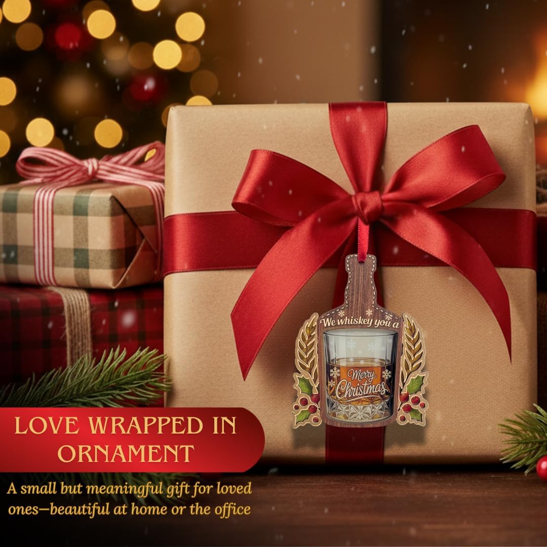 Whiskey Ornament, Shatterproof Wood and Acrylic Whiskey Ornaments for Christmas Tree, Christmas Tree Decorations, Unique Bourbon Lover Gifts for Men, Dad, Husband, Friends