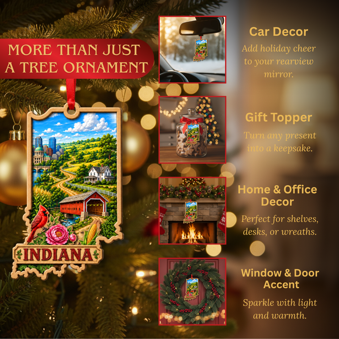 Indiana Ornament, 2 Layer Wood and Acrylic, Christmas Tree Decoration, Travel Souvenir Gift, Christmas Ornament