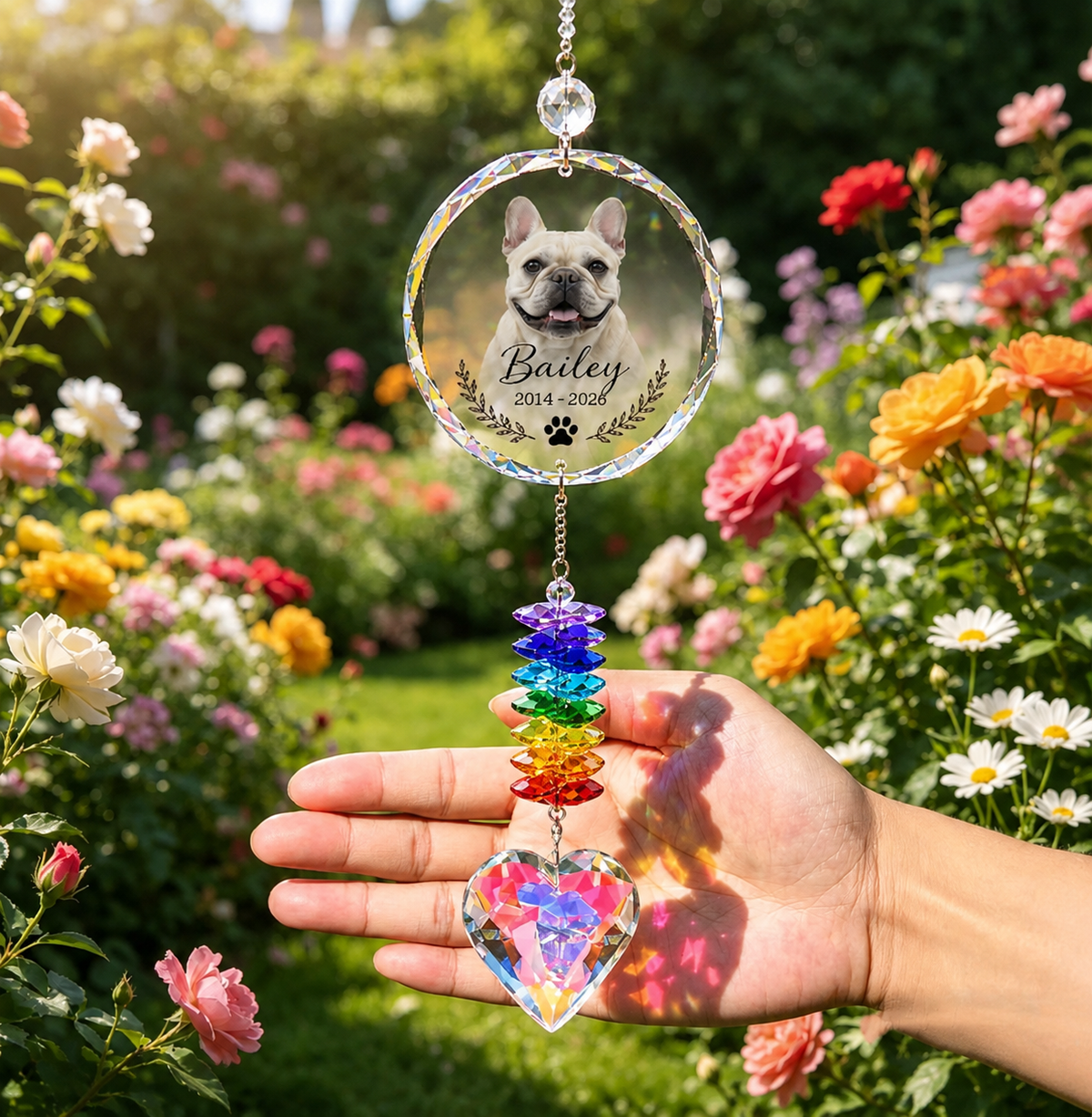 Personalized dog memorial suncatcher displayed in a flower garden as a pet remembrance keepsake