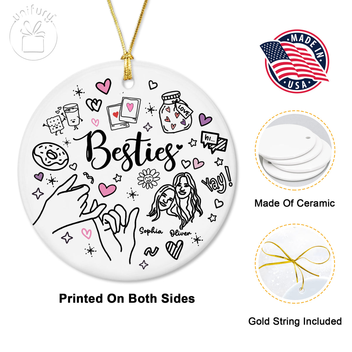 Custom Lineart Drawing Friend Ceramic Ornament - Best Friend Ornament - Christmas Gifts For Friends