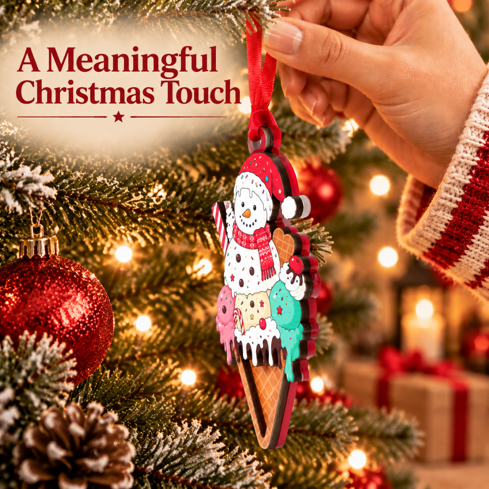 Ice Cream Christmas Ornament for Tree, Wood & Acrylic Hanging Decor, Xmas Gift for Collectors & Holiday Decor Lovers