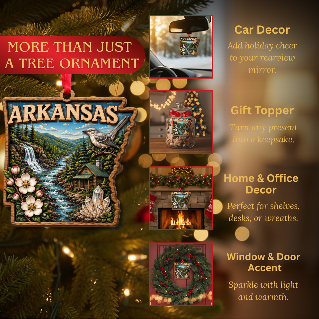 Arkansas Ornament, 2 Layer Wood and Acrylic, Christmas Tree Decoration, Travel Souvenir Gift, Christmas Ornament