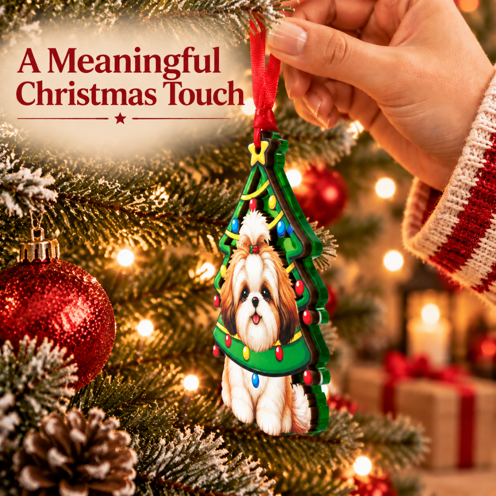 Shih Tzu Dog Christmas Ornament for Tree, Wood & Acrylic Hanging Decor, Xmas Gift for Collectors & Holiday Decor Lovers