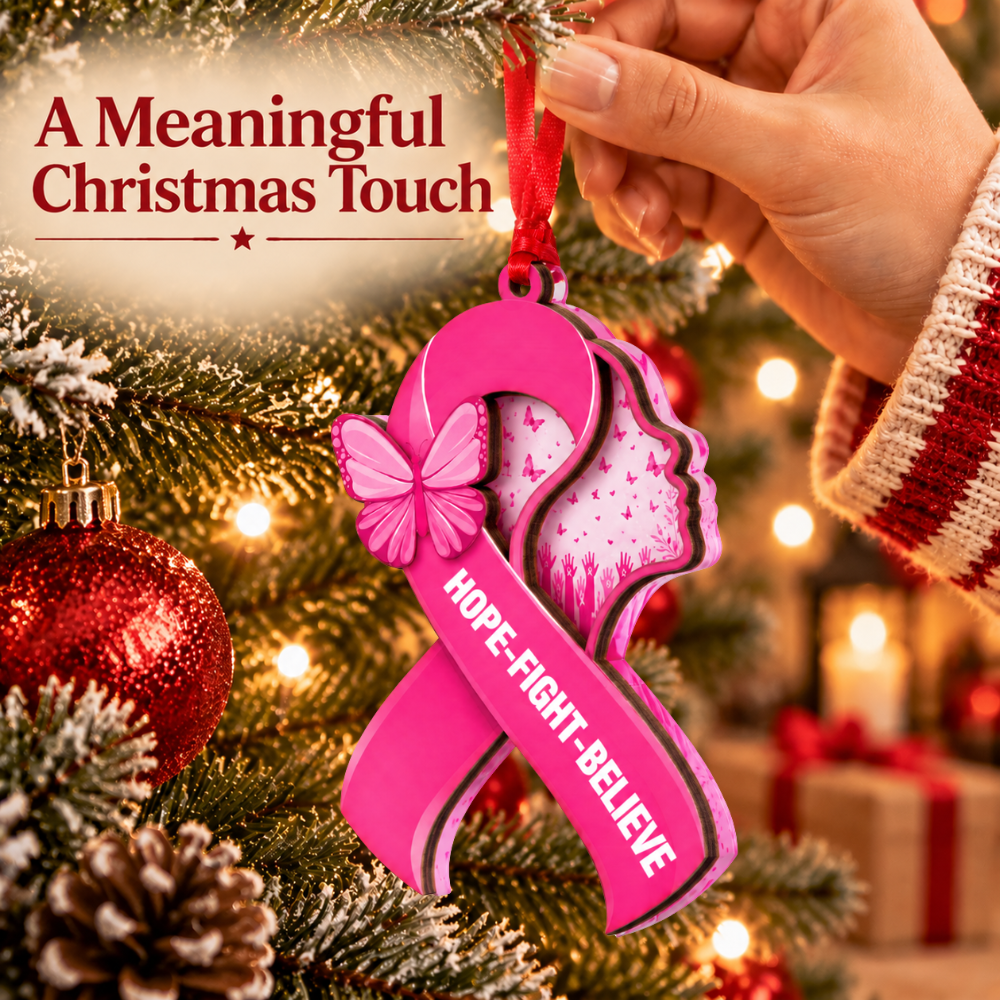 Breast Cancer Christmas Ornament, Wood & Acrylic Christmas Tree Decoration, Holiday Gift for Awareness