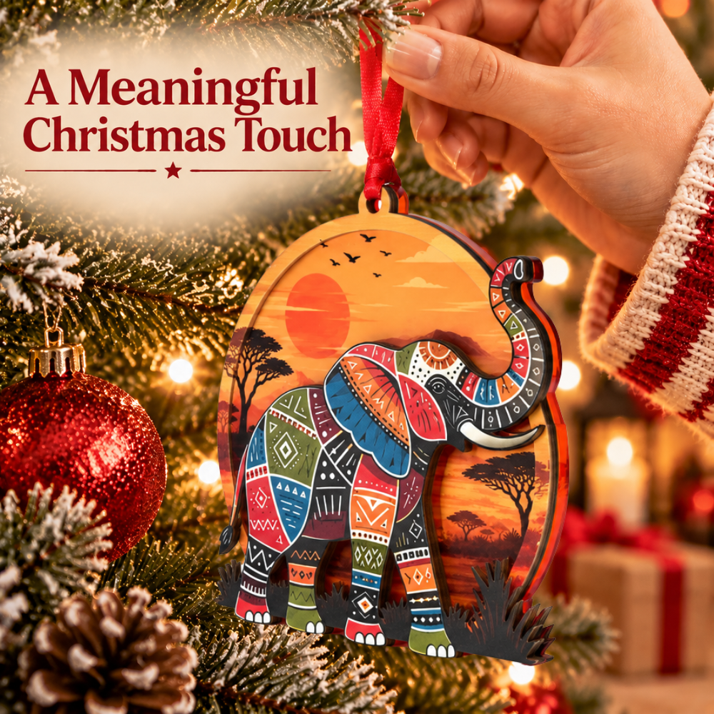 Elephant Christmas Ornament, Wood & Acrylic Christmas Tree Decoration, Holiday Gift for Animal Lovers