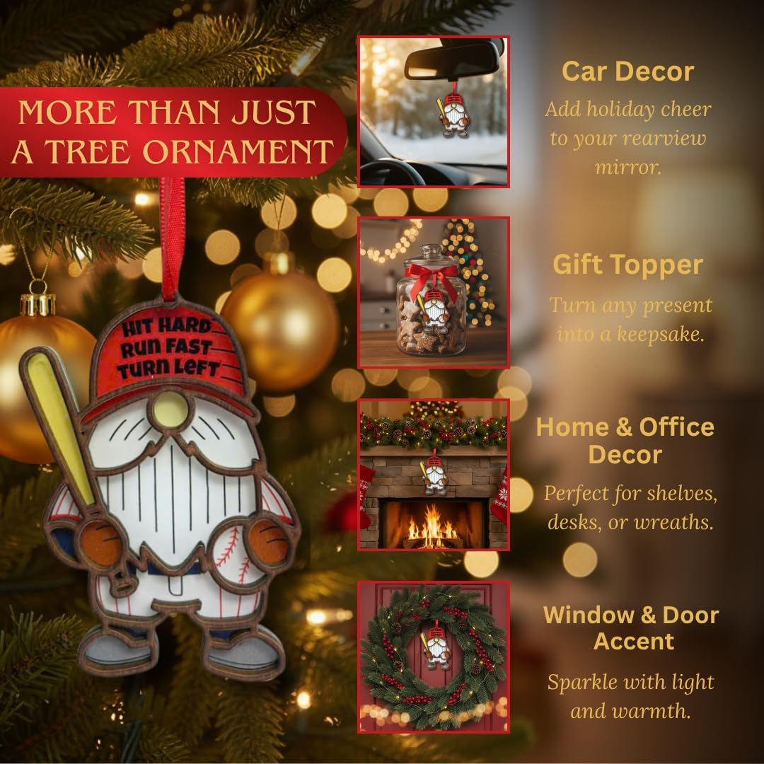 Baseball Ornaments for Christmas Tree, Sport Ornament, 2 Layer Wood and Acrylic for Boy, Girl, Gifts for Baseballs Lovers, Fans, Holiday Party Tree Decoration
