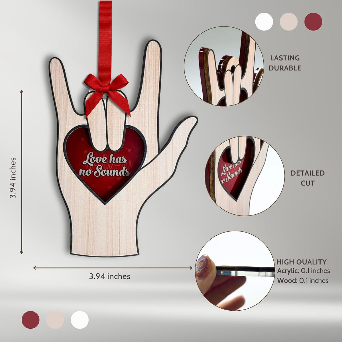I Love You Sign Language Ornament, Wooden & Acrylic Christmas Decor, Gift for Family Friends, ASL Sign Language Xmas Ornament, Heart Hand Sign Language Christmas Ornament for Tree