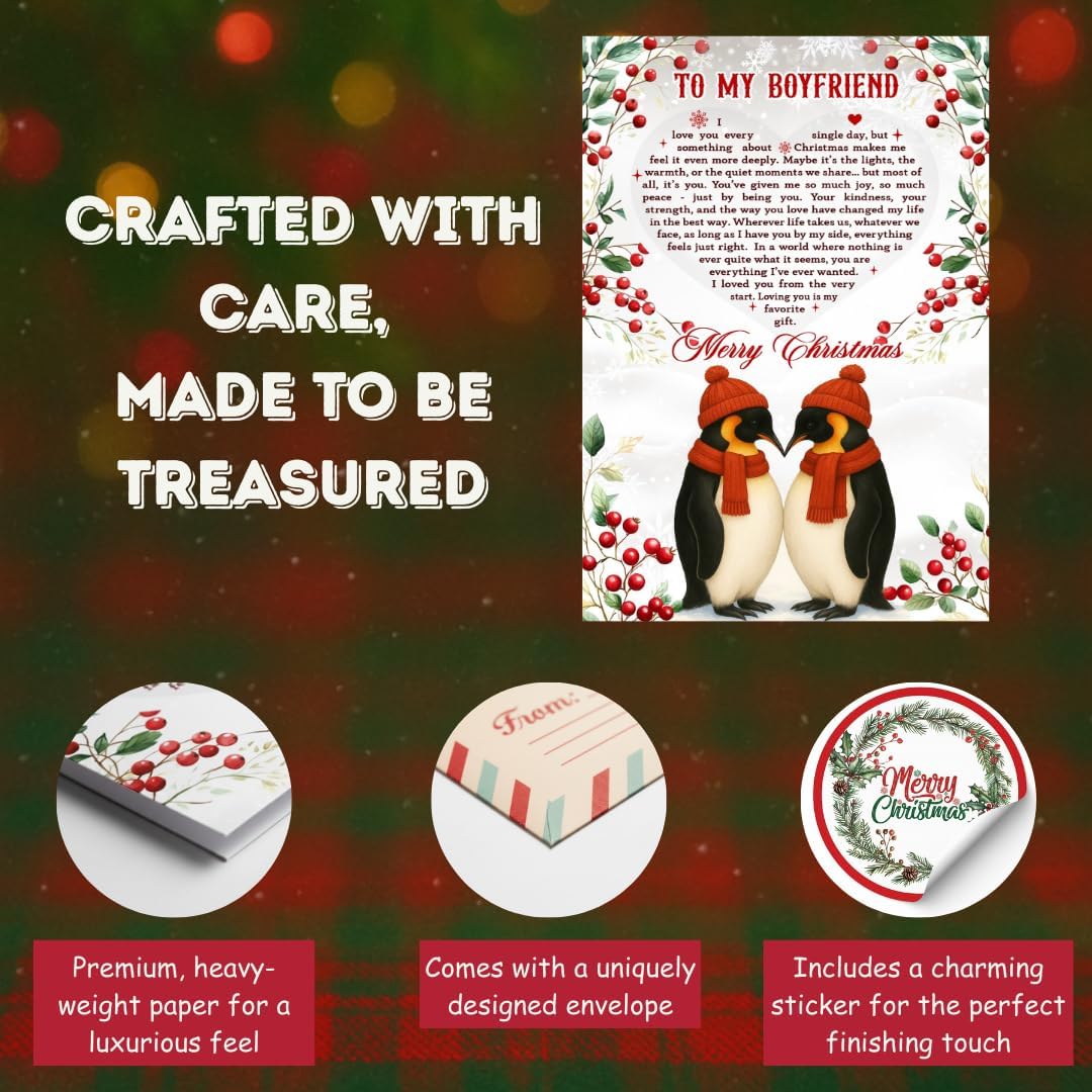 Romantic Christmas Card for Boyfriend from Girlfriend – Heartfelt Love Message with Premium Envelope