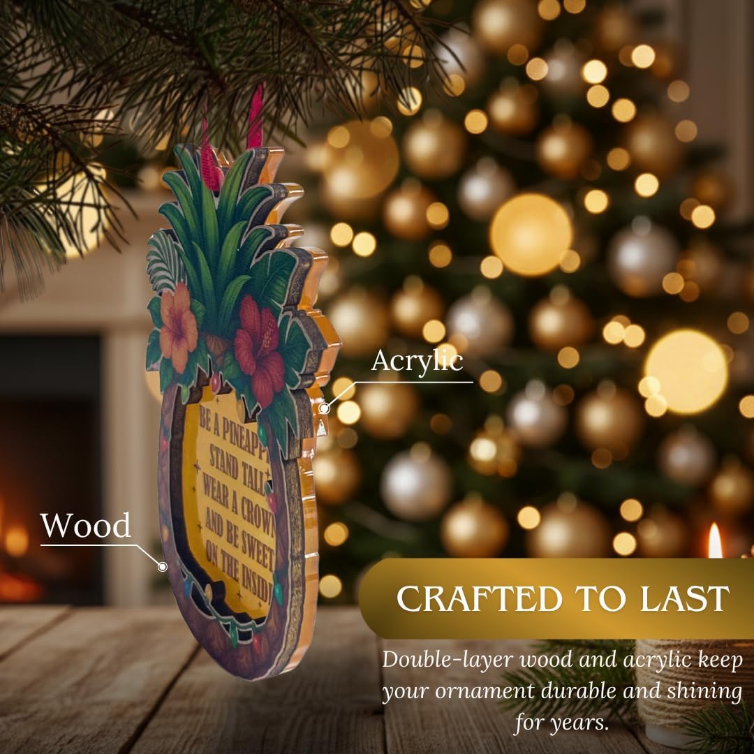 Pineapple Christmas Ornament, Tropical Fruit Tree Decor, 2 Layer Wood & Acrylic Keepsake Gift for Pineapple Lovers