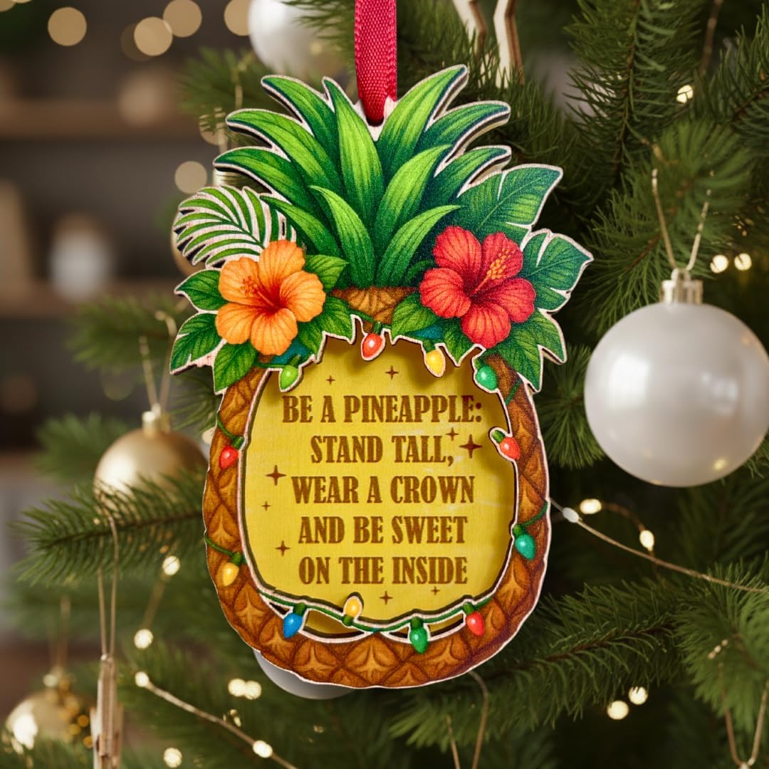 Pineapple Christmas Ornament, Tropical Fruit Tree Decor, 2 Layer Wood & Acrylic Keepsake Gift for Pineapple Lovers