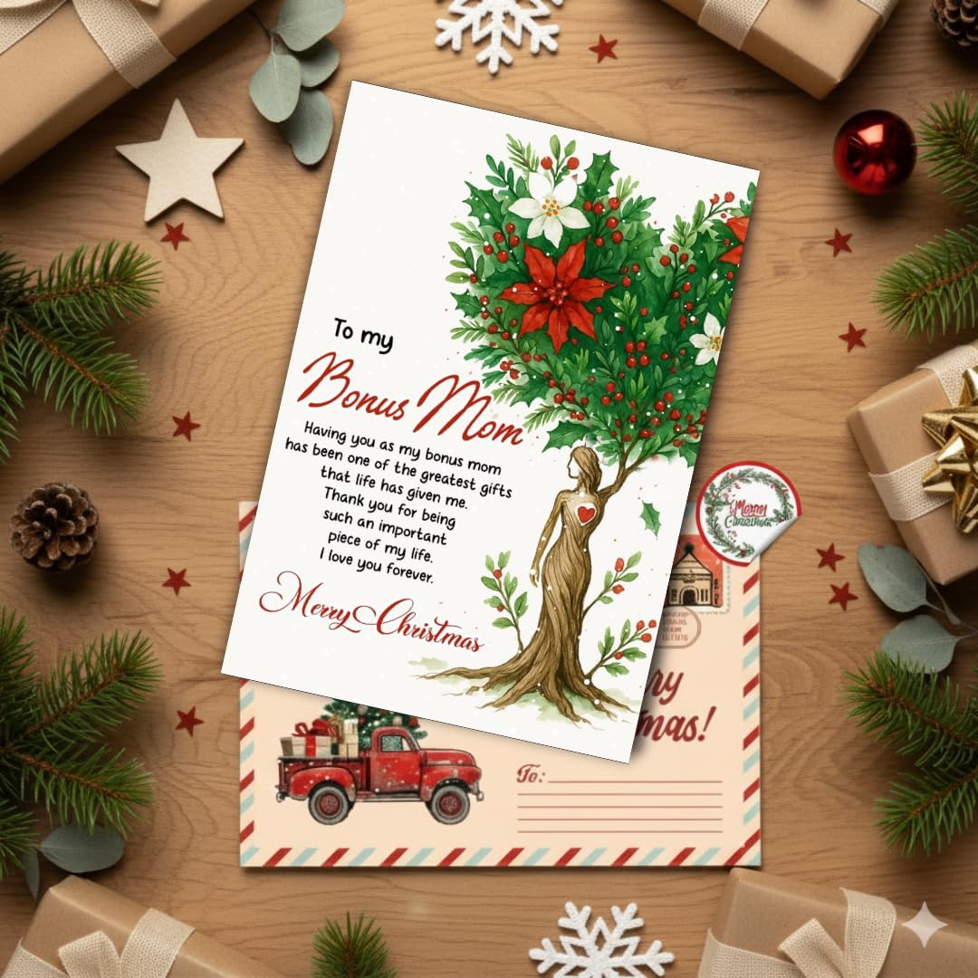 Christmas Card for Bonus Mom with Envelope – Heartfelt Holiday Greeting and Festive Stepmom Keepsake