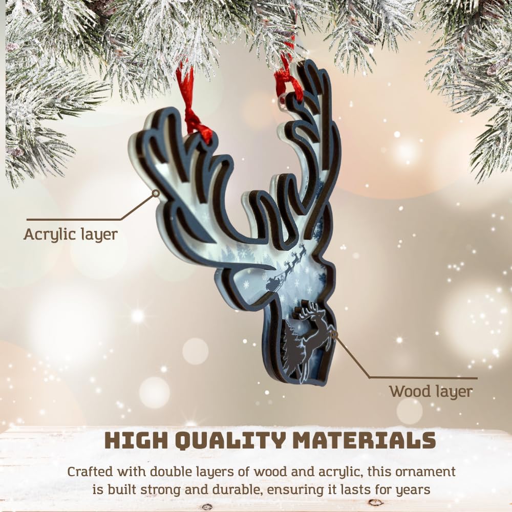 Woodland Reindeer Christmas Ornament, Double Layer Wood & Acrylic Tree Decor, Rustic Holiday Keepsake Gift for Animal Lovers