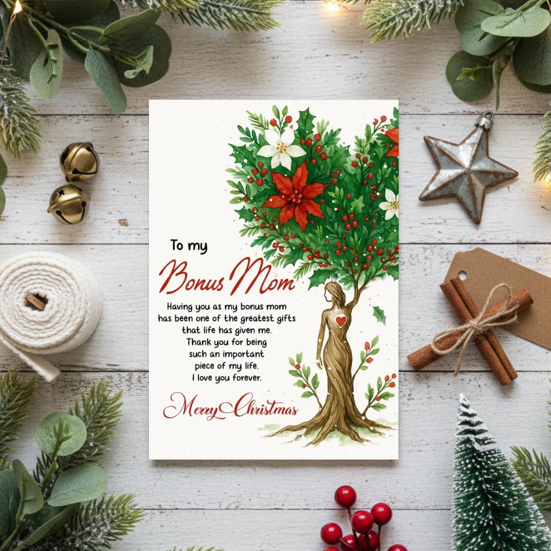 Christmas Card for Bonus Mom with Envelope – Heartfelt Holiday Greeting and Festive Stepmom Keepsake