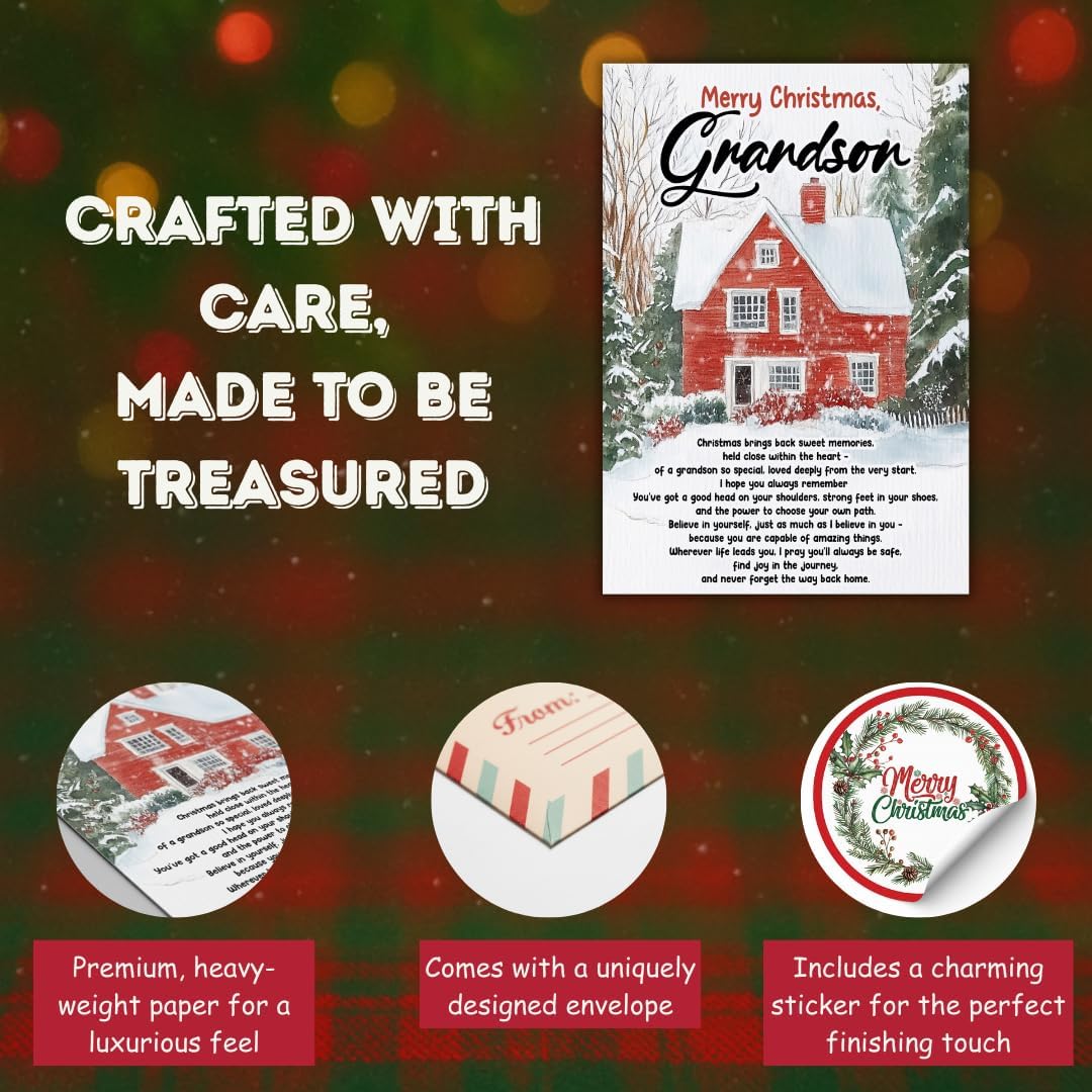 Christmas Card for Grandson with Premium Envelope – Heartfelt Holiday Greeting and Festive Family Keepsake