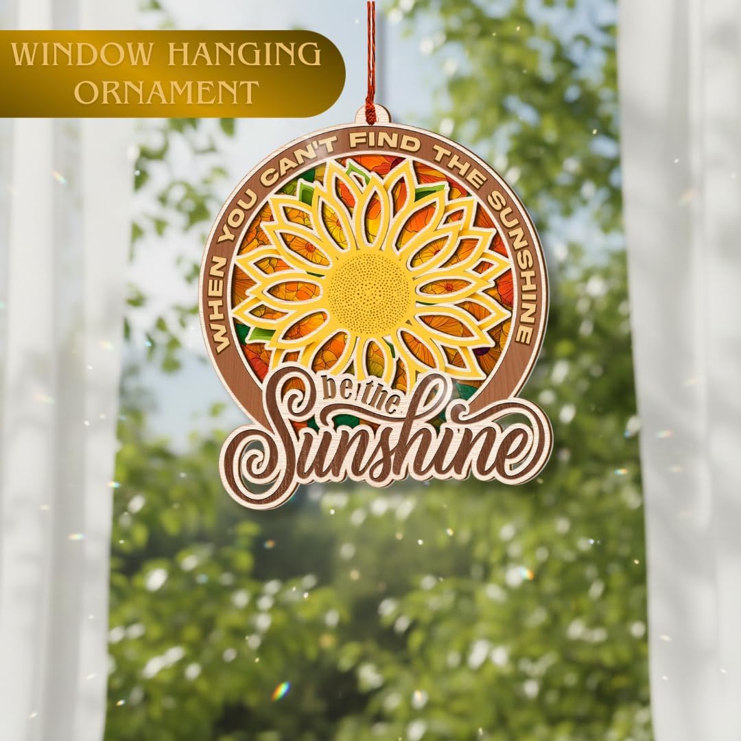 Sunflower Ornament, Sunflower Car Mirror Hanging Accessories, Double Layer Wood and Acrylic Keepsake, Inspirational Gifts for Window Decor, Home Decorations, Gift for Sunflowers Lover