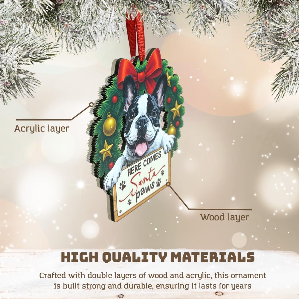 French Bulldog Ornament, Unique French Bulldog Christmas Ornaments Gift for Dog Lovers, 2 Layers Wood and Acrylic Design for Dog Moms, Vibrant Pet Inspired Christmas Keepsake