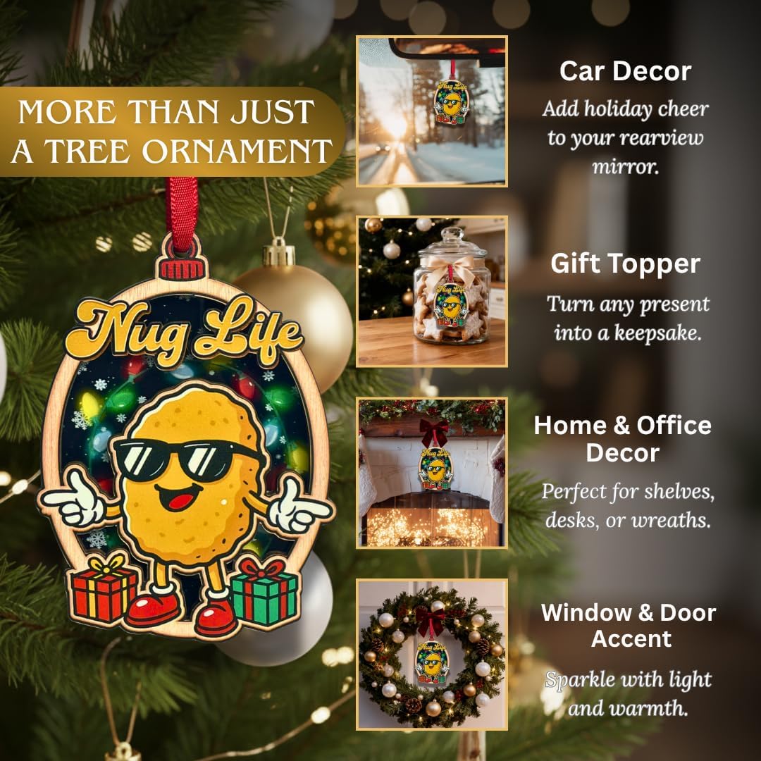 Chicken Nugget Christmas Ornament, Funny Nugget Christmas Ornaments for Foodies, Shatterproof 3D Wood & Acrylic Design for Holiday Xmas Tree Decorations, Gag Gift for Friends and Teens
