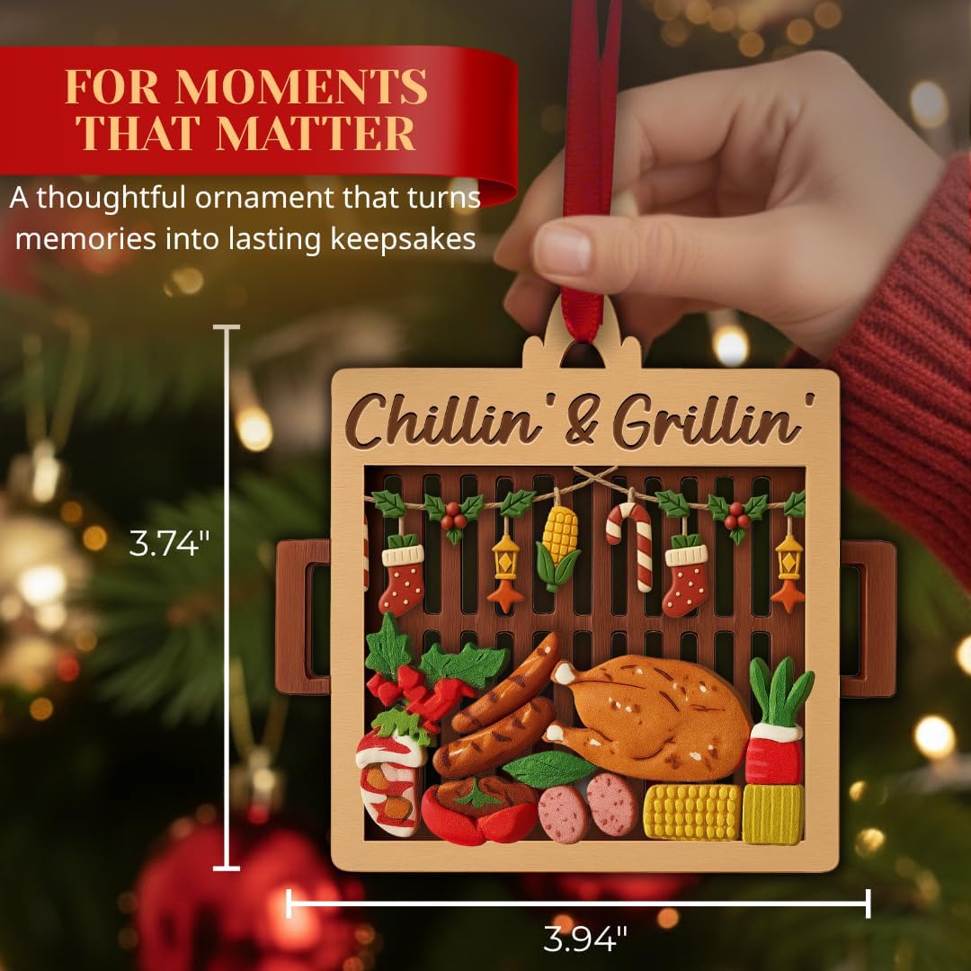 Grill Ornament, 3D Shatterproof Double Layer Wood and Acrylic Grill Ornaments, Funny Smoker Holiday Decoration for Christmas Tree, Gift for Grill Master, Dad, Husband and BBQ Lovers