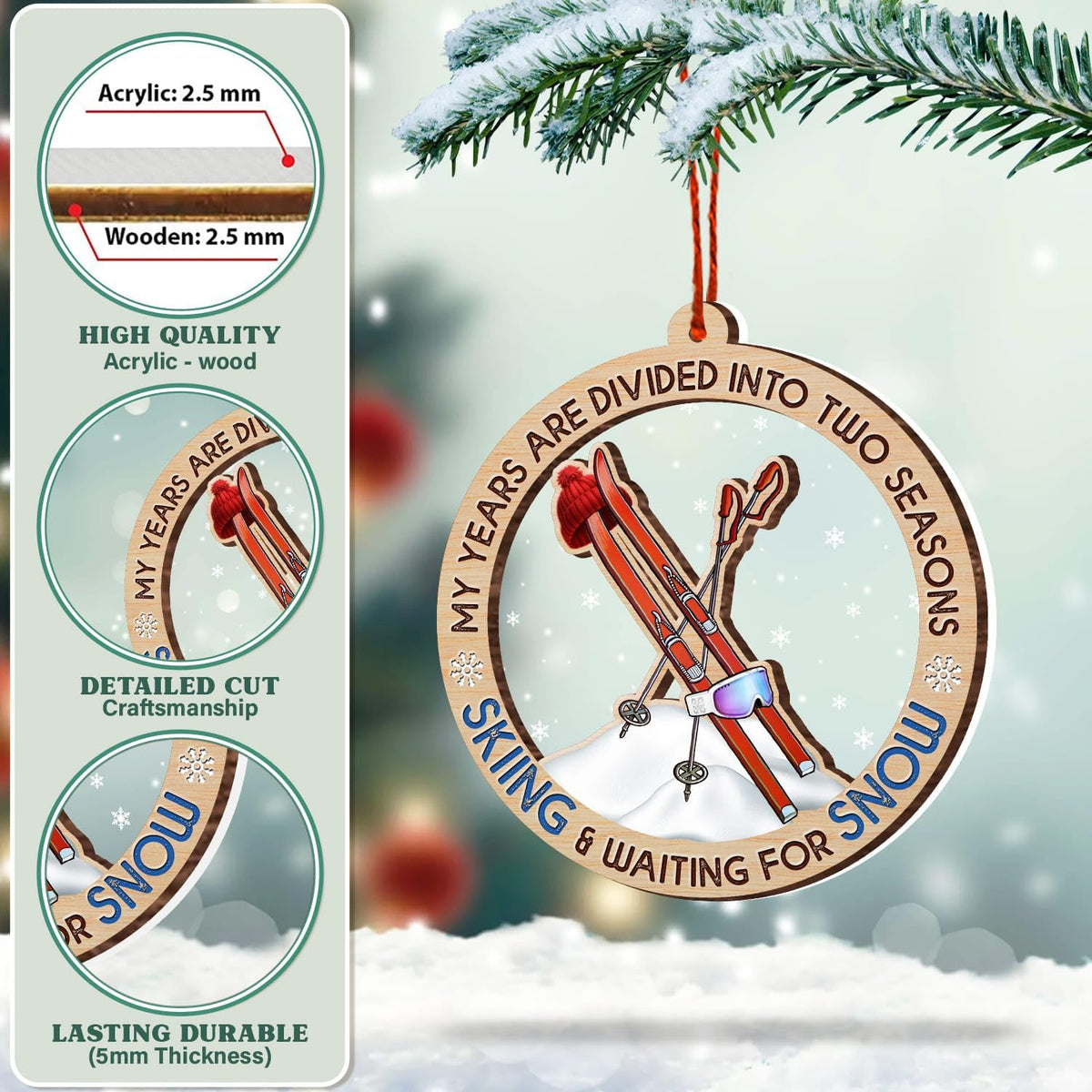 Skiing Christmas Ornament, Winter Sports Tree Decoration, Snow Ski Keepsake Gift for Skiers and Mountain Lovers