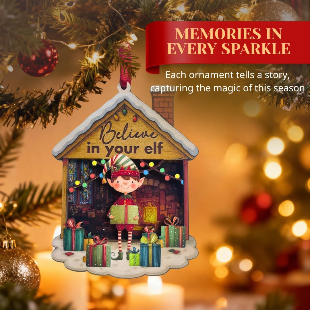Elf Ornaments for Christmas Tree, Shatterproof 3D Double Layer Wood Acrylic Elf Ornament, Traditional Holiday Decoration, Magical Keepsake Gift and Meaningful Gift for Family
