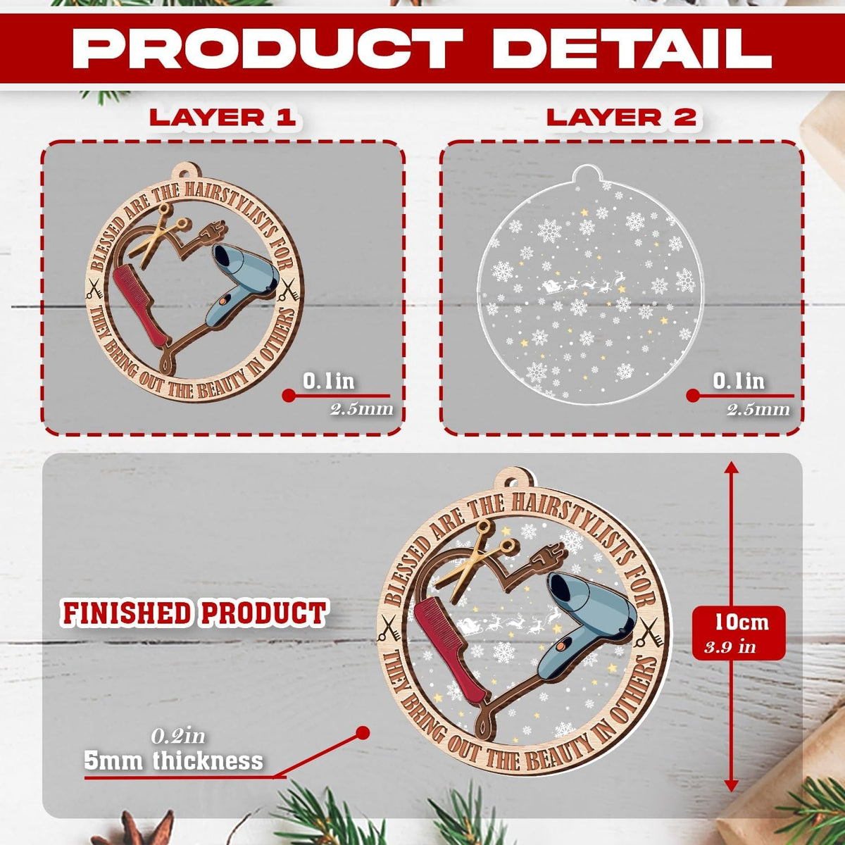 Hairdresser Christmas Ornament - 2 Layer Wood & Acrylic Decor 2024 - Gifts for Men, Women and Hairdresser Lovers - Christmas Tree Ornaments