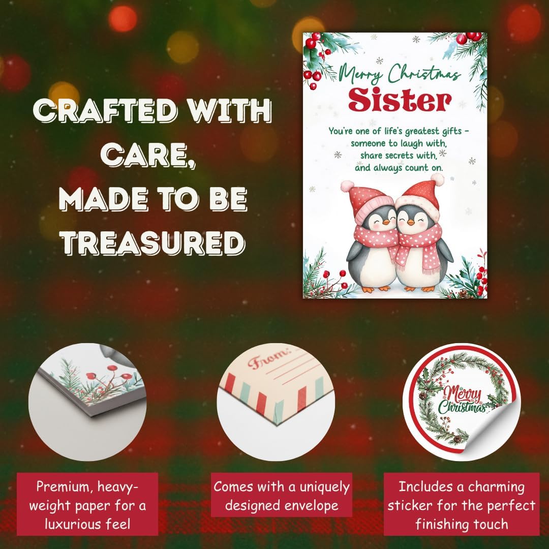 Christmas Card for Sister with Premium Envelope – Heartfelt Holiday Greeting and Festive Keepsake Design