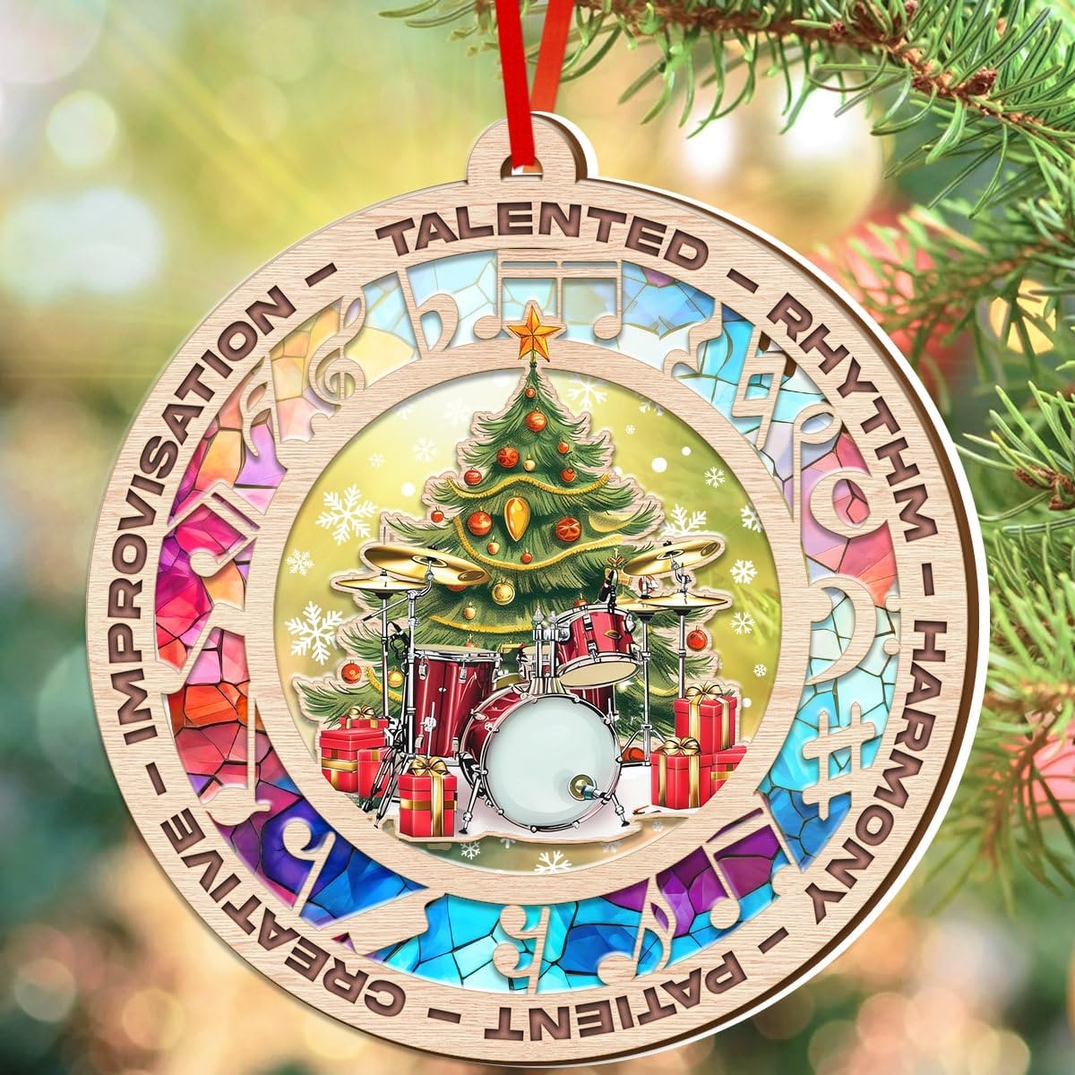 Drummer Christmas Ornament, Music Theme Suncatcher Tree Decor, Keepsake Gift for Drummers and Music Lovers