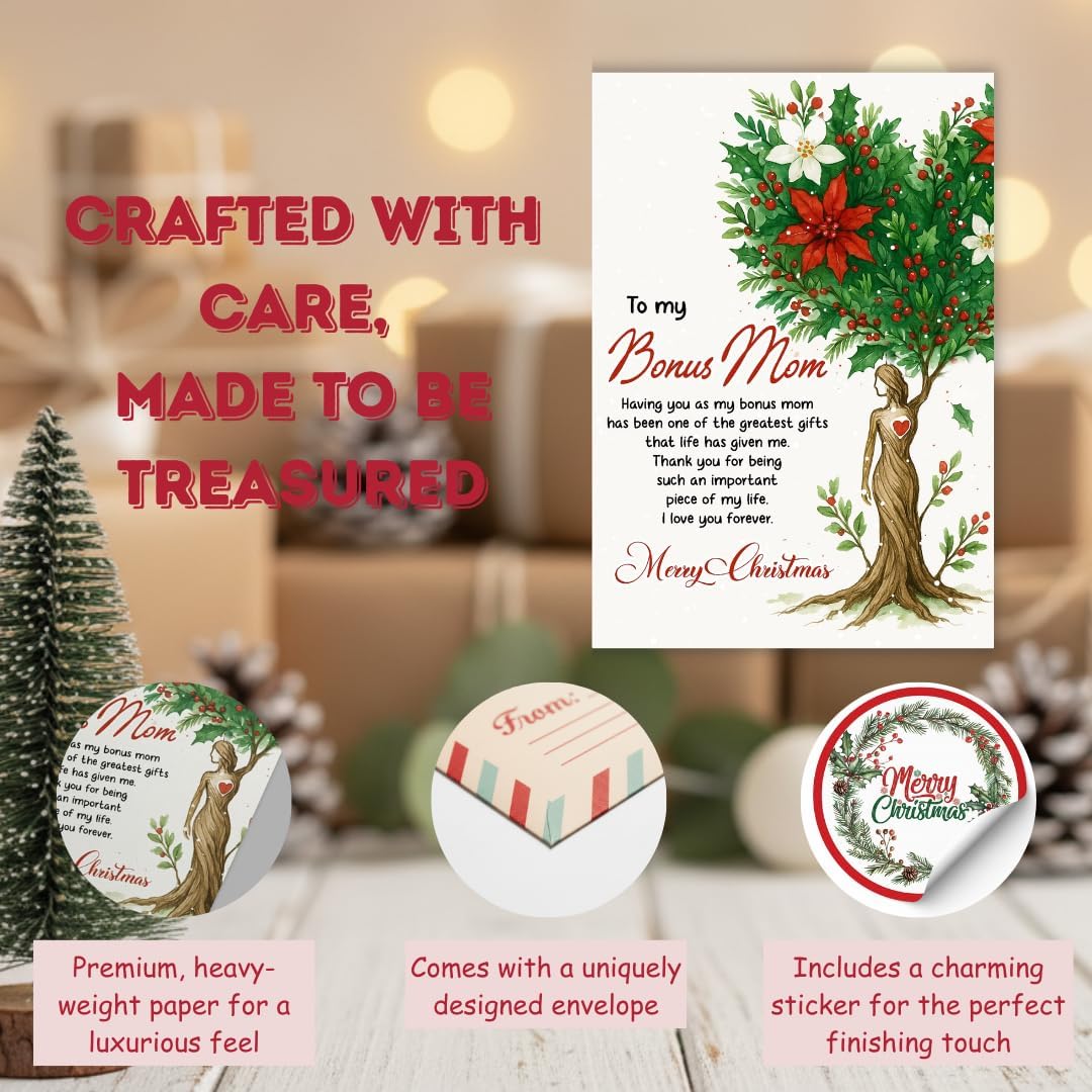Christmas Card for Bonus Mom with Envelope – Heartfelt Holiday Greeting and Festive Stepmom Keepsake