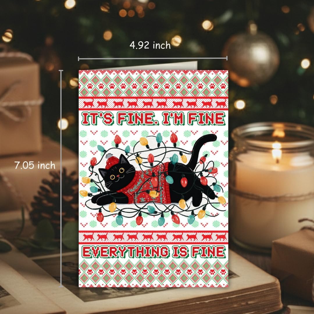 Black Cat Christmas Card with Envelope – Cute Feline Design and Whimsical Holiday Greeting for Animal Lovers