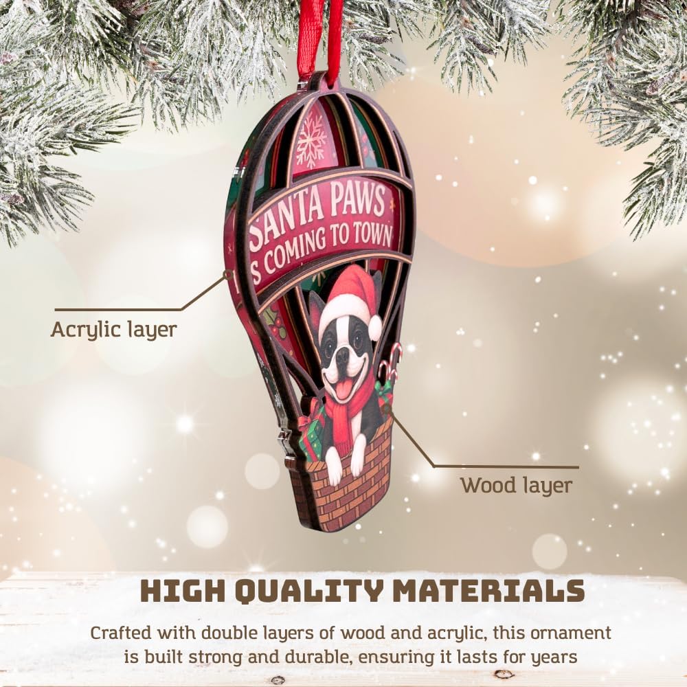 Boston Terrier Ornament, Funny and Adorable Boston Terrier Inspired Christmas Tree Decoration, Double Layer Wood and Acrylic Ornaments for Animal Lovers, Xmas Gifts for Pet Owners