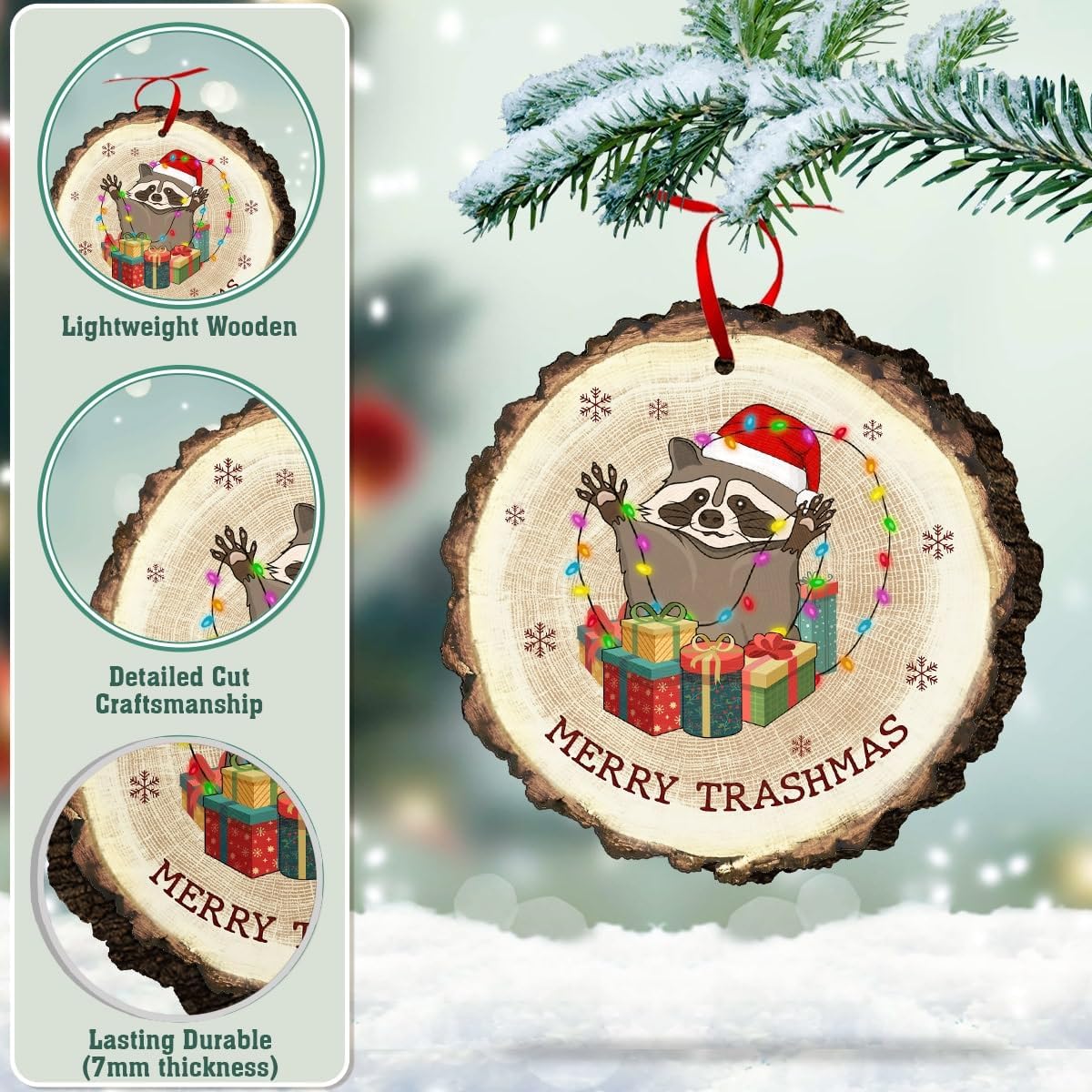 Raccoon Christmas Ornament, Funny Woodland Animal Tree Decor, Cute Wildlife Keepsake Gift for Raccoon Lovers