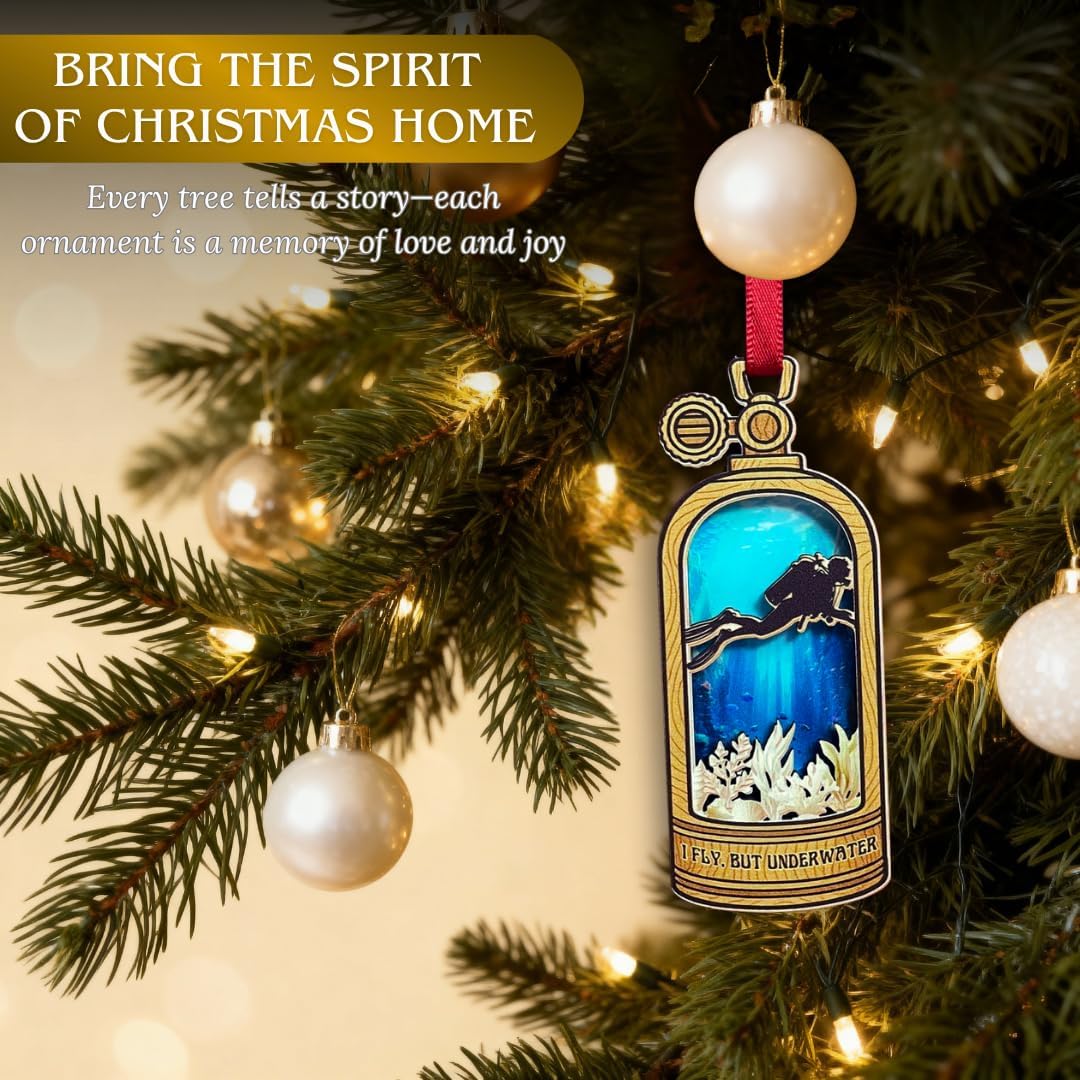 Scuba Diving Christmas Ornament, Shatterproof 3D Wood and Acrylic Scuba Diver Ornaments for Christmas Tree, Holiday Tree Decorations, Gift for Divers, Snorkeling and Marine Life Lovers