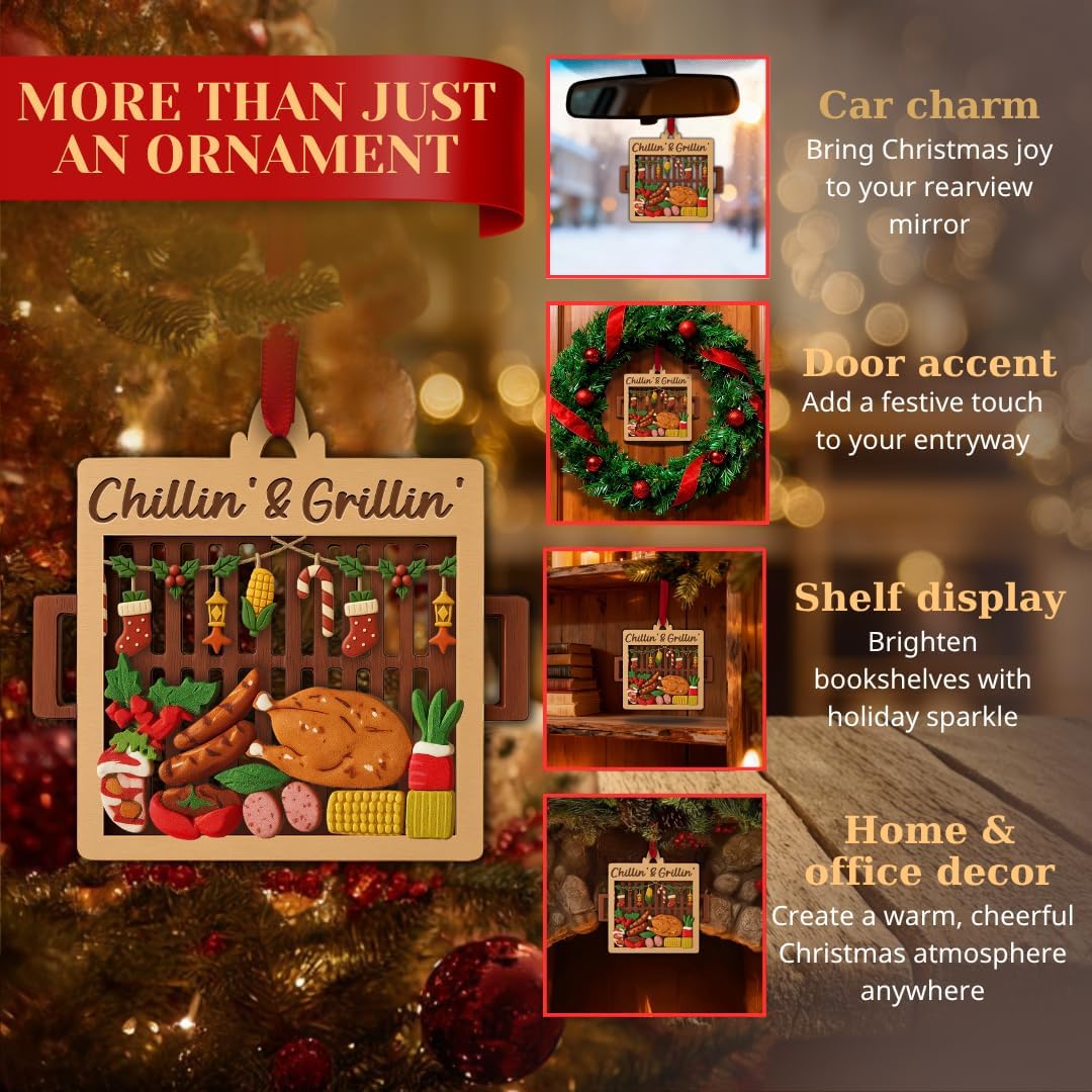 Grill Ornament, 3D Shatterproof Double Layer Wood and Acrylic Grill Ornaments, Funny Smoker Holiday Decoration for Christmas Tree, Gift for Grill Master, Dad, Husband and BBQ Lovers