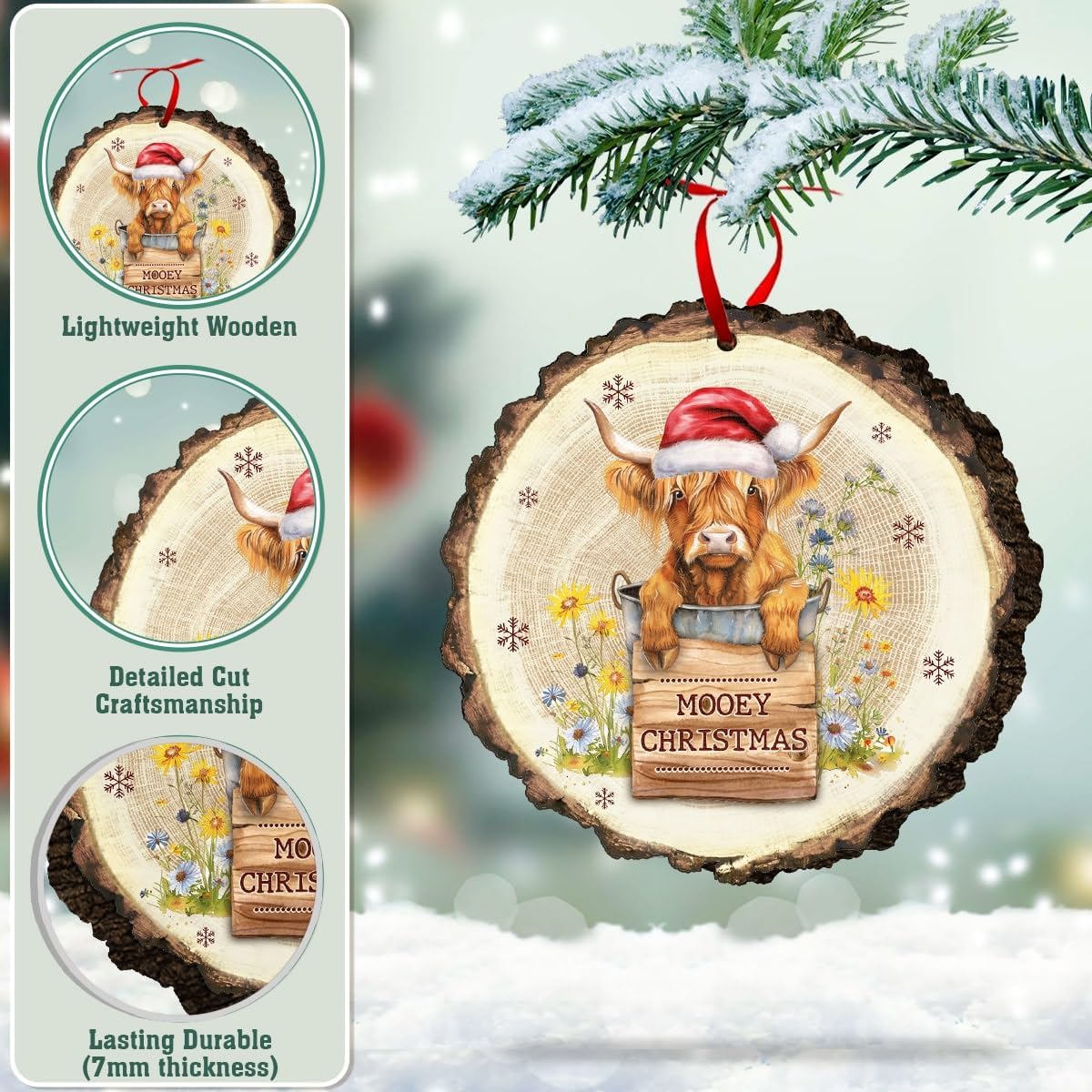 Highland Cow Christmas Ornament, Rustic Farm Animal Tree Decor, Highland Cattle Keepsake Gift for Cow Lovers and Country Home Style