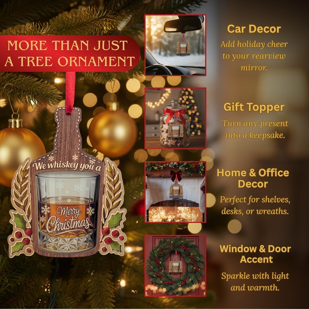Whiskey Ornament, Shatterproof Wood and Acrylic Whiskey Ornaments for Christmas Tree, Christmas Tree Decorations, Unique Bourbon Lover Gifts for Men, Dad, Husband, Friends