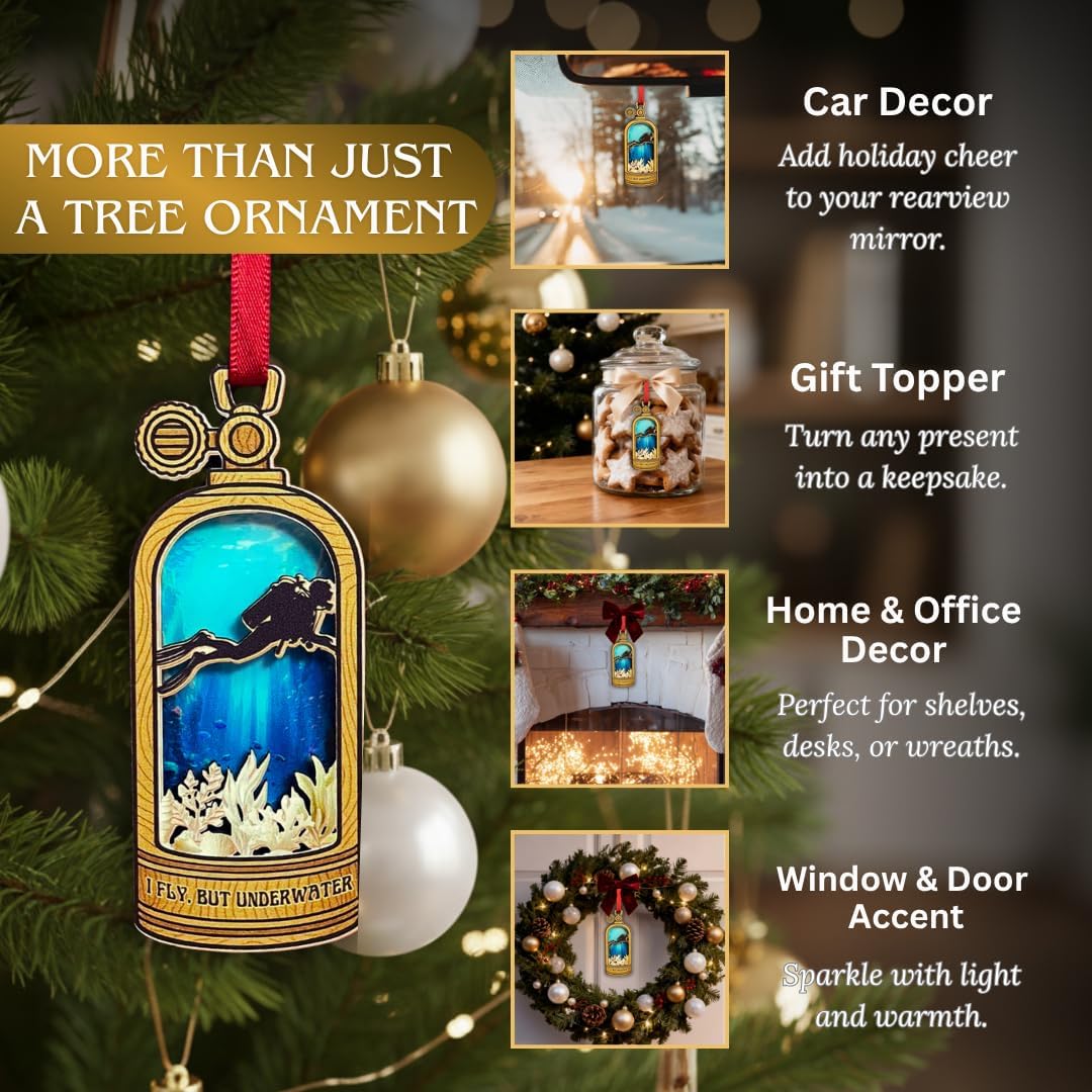 Scuba Diving Christmas Ornament, Shatterproof 3D Wood and Acrylic Scuba Diver Ornaments for Christmas Tree, Holiday Tree Decorations, Gift for Divers, Snorkeling and Marine Life Lovers