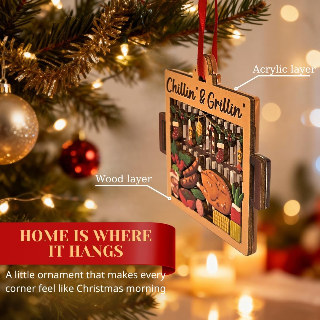 Grill Ornament, 3D Shatterproof Double Layer Wood and Acrylic Grill Ornaments, Funny Smoker Holiday Decoration for Christmas Tree, Gift for Grill Master, Dad, Husband and BBQ Lovers