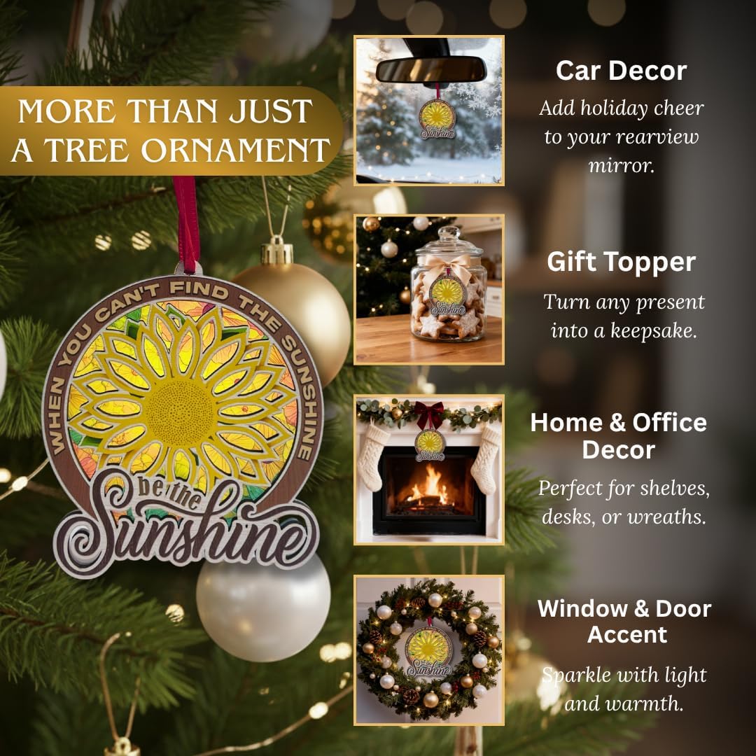 Sunflower Ornament, Sunflower Car Mirror Hanging Accessories, Double Layer Wood and Acrylic Keepsake, Inspirational Gifts for Window Decor, Home Decorations, Gift for Sunflowers Lover