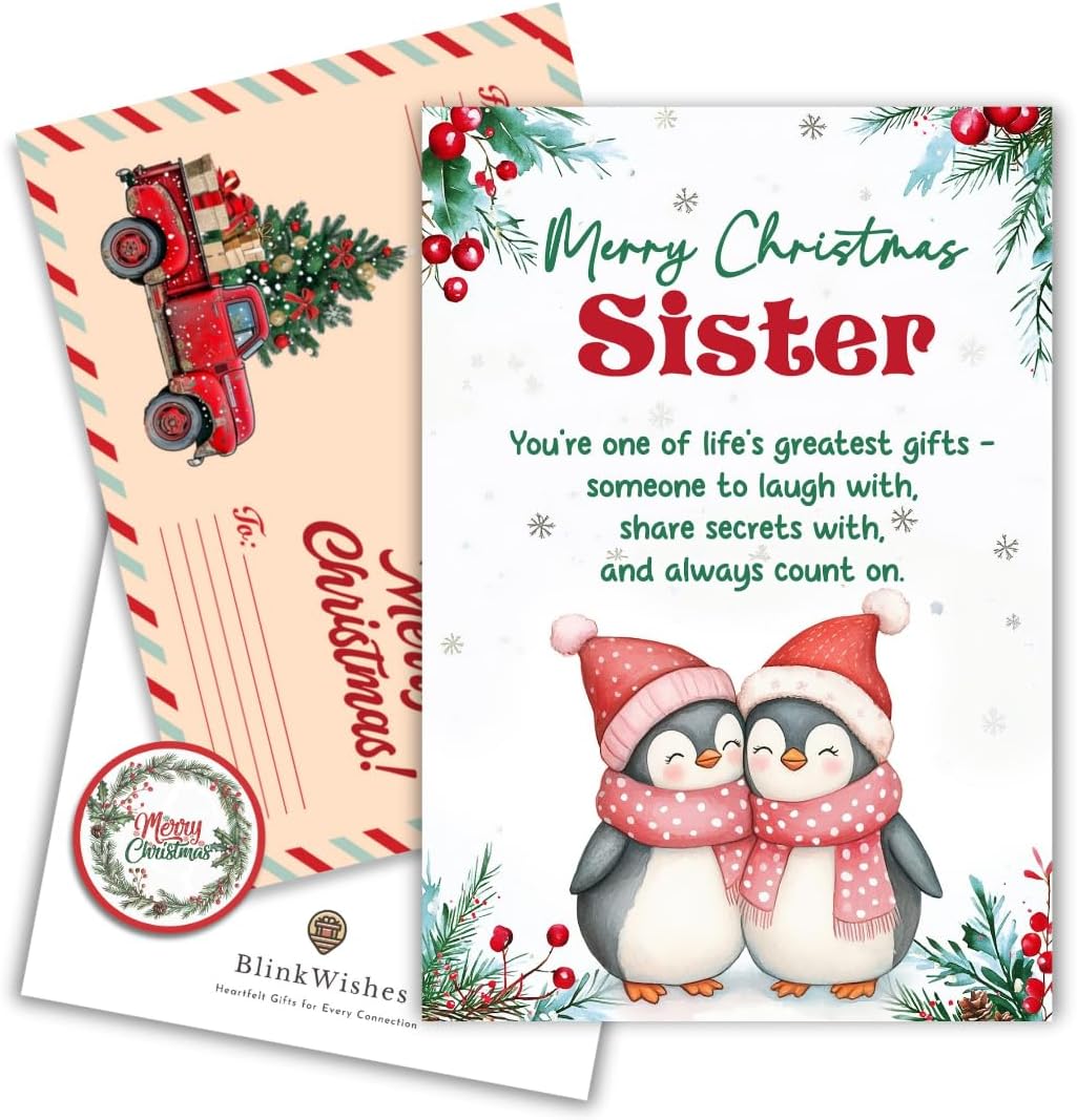 Christmas Card for Sister with Premium Envelope – Heartfelt Holiday Greeting and Festive Keepsake Design