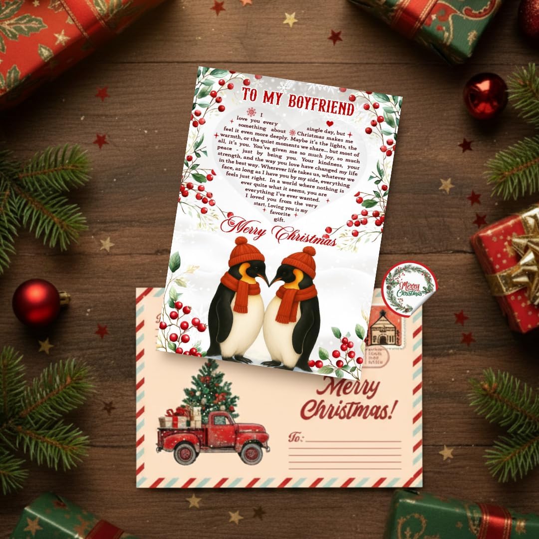 Romantic Christmas Card for Boyfriend from Girlfriend – Heartfelt Love Message with Premium Envelope