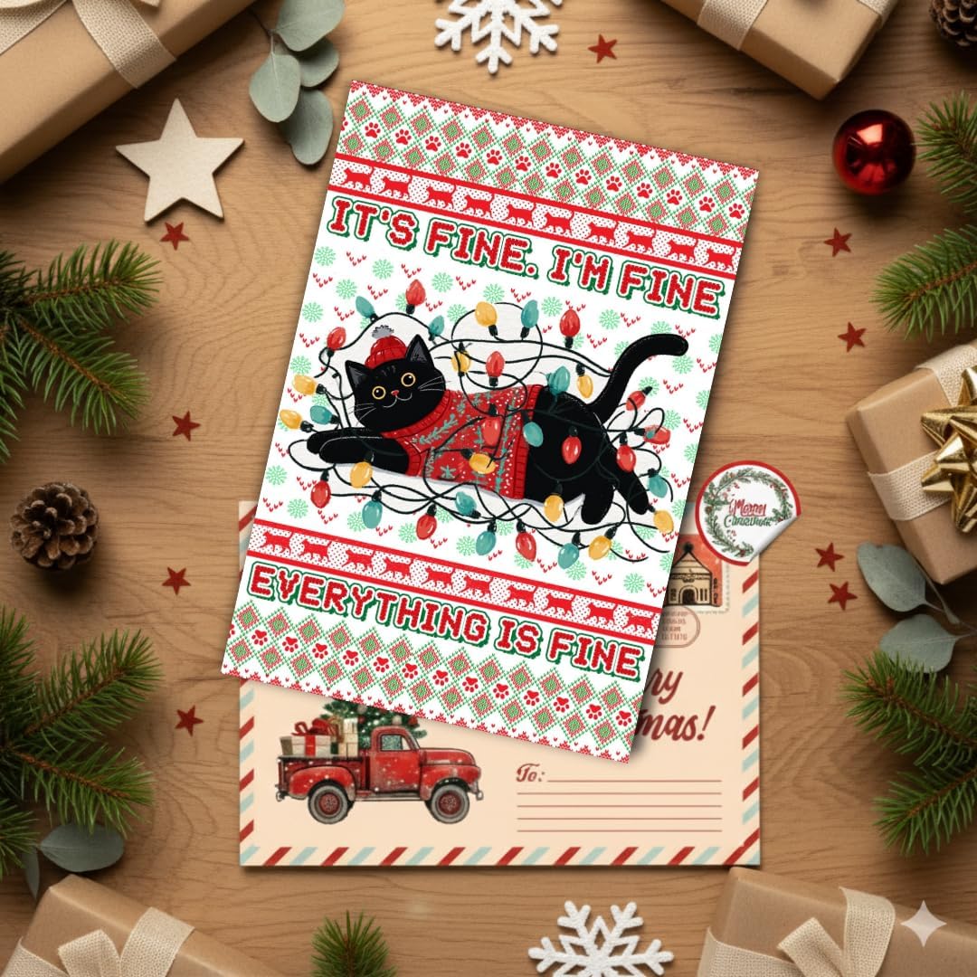 Black Cat Christmas Card with Envelope – Cute Feline Design and Whimsical Holiday Greeting for Animal Lovers