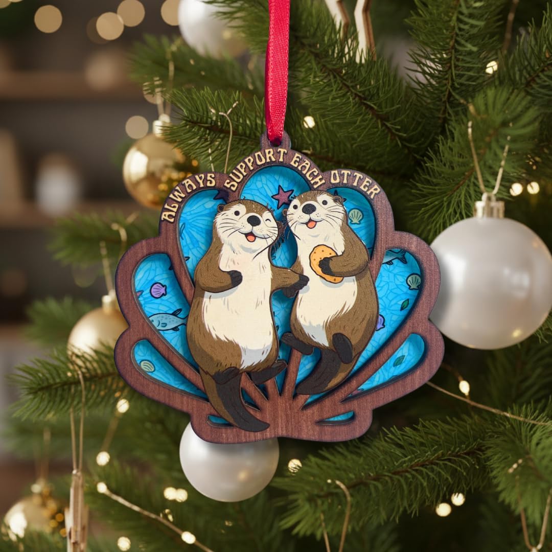 Otter Ornament 2026, Cute Sea Otter Christmas Ornament, Otters Ornaments for Tree, 2 Layer Wood and Acrylic Keepsake, Ocean Animal Decor, for Otters Lover, Sea Life Tree Decoration