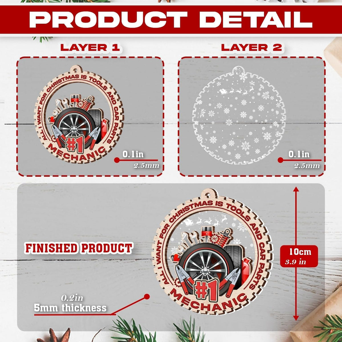 Mechanic Christmas Ornaments - 2 Layers Wood & Acrylic - Gifts & Decorations