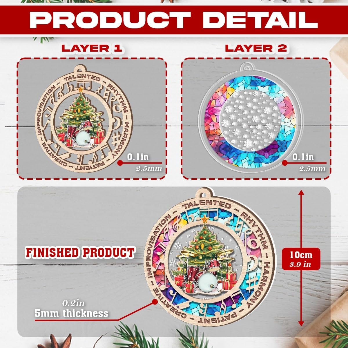Drummer Christmas Ornament, Music Theme Suncatcher Tree Decor, Keepsake Gift for Drummers and Music Lovers
