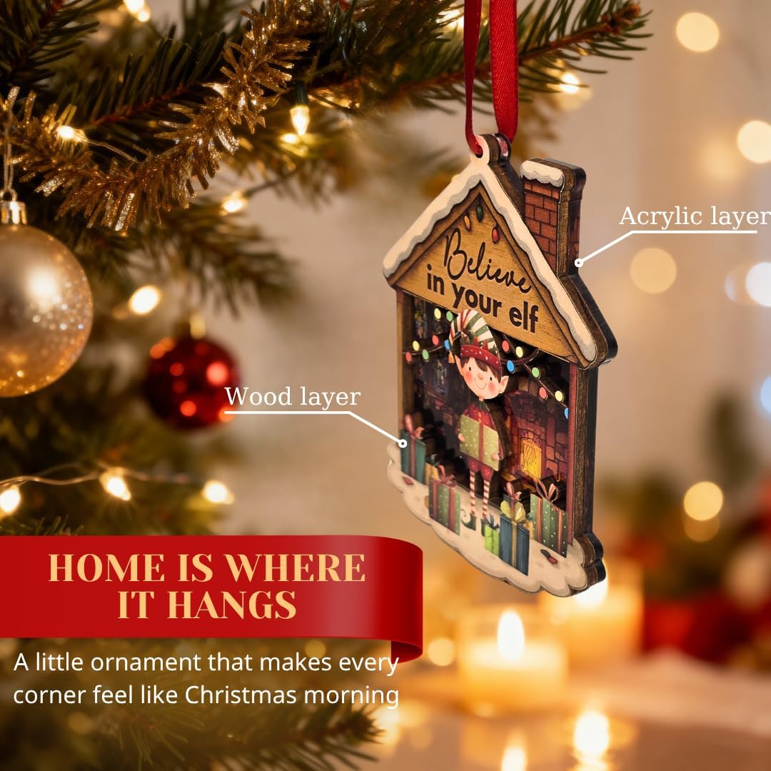 Elf Ornaments for Christmas Tree, Shatterproof 3D Double Layer Wood Acrylic Elf Ornament, Traditional Holiday Decoration, Magical Keepsake Gift and Meaningful Gift for Family