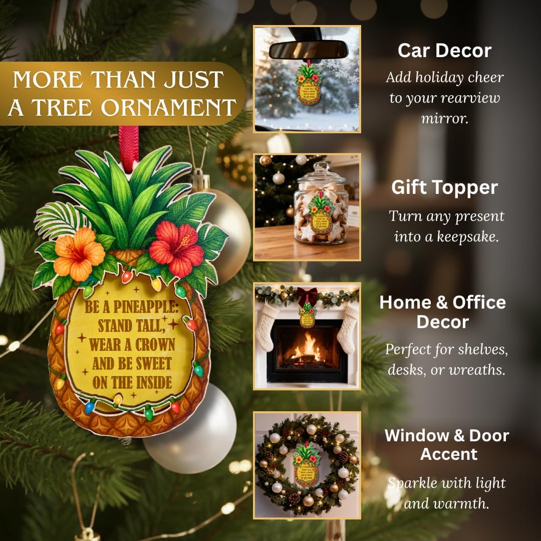 Pineapple Christmas Ornament, Tropical Fruit Tree Decor, 2 Layer Wood & Acrylic Keepsake Gift for Pineapple Lovers