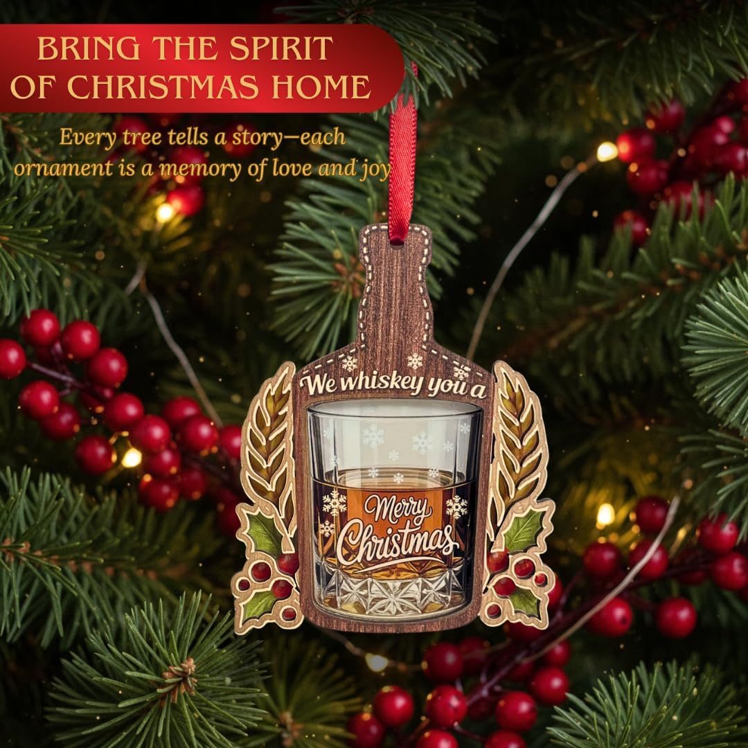 Whiskey Ornament, Shatterproof Wood and Acrylic Whiskey Ornaments for Christmas Tree, Christmas Tree Decorations, Unique Bourbon Lover Gifts for Men, Dad, Husband, Friends