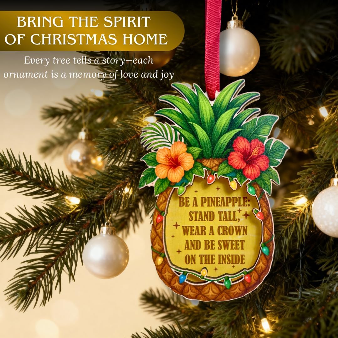 Pineapple Christmas Ornament, Tropical Fruit Tree Decor, 2 Layer Wood & Acrylic Keepsake Gift for Pineapple Lovers